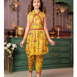 Aarika Woven Sleeveless Abstract Printed Mirror Work Detailed Kurta Churidar With Jacket Set - Yellow-picture-29