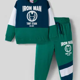 Primo Gino Marvel Terry Knit Oversize Drop Shoulder Full Sleeves Cut & Sew T-Shirt and Joggers Set with Iron-Man Graphic - Dark Green & Navy Blue-image-40
