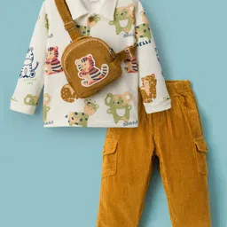 WOW Clothes Cotton Knit Full Sleeves Animal Printed Polo T-Shirt & Corduroy Trouser Set with Sling Bag - Khaki & White-picture-28