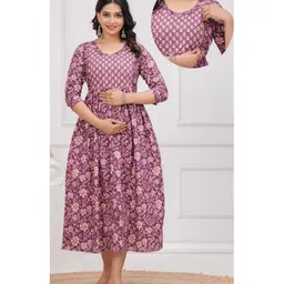Step Queen Cotton Woven Three Fourth Sleeves Floral Printed Maternity Dress With Side Zipper Nursing Access - Wine-image-29