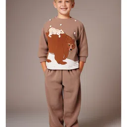 Cherry Crumble By Nitt Hyman Knit Christmas Theme Full Sleeves Bear Patch Detailed Night Suit Set - Brown-picture-20