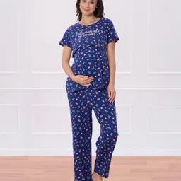 Bella Mama Cotton Knit Short Sleeves Nursing Night Suit With Butterfly & Floral Print - Navy Blue image 3
