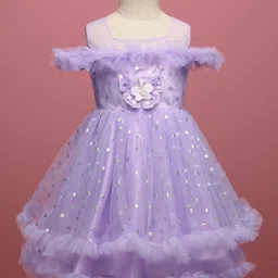 Babyhug Woven Sleeveless Fit and Flare Ruffled Dress with Foil Print & Butterfly Applique - Lavender image 2
