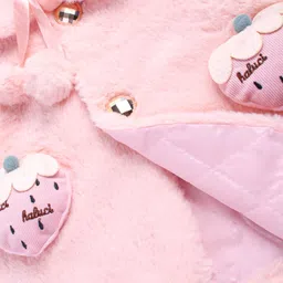 Babyhug Fur Woven Half Sleeves Winter Jacket with Strawberry Applique - Baby Pink image 3