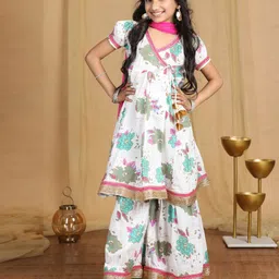 Cutiekins Cotton Blend Woven Half Puffed Sleeves Floral Printed & Gota Lace Embellished Kurti Sharara With Dupatta Set - White & Rama Green image 4