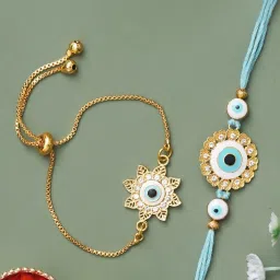 eCraftIndia Set of 2 Floral & Evil Eye Bhaiya-Bhabhi Rakhi with Sibling Agreement & Roli Chawal Pack image 4