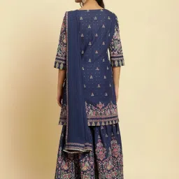 W Blue Cotton Printed Kurti Sharara Set With Dupatta image 4