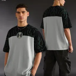 The Souled Store Grey & Black Loose Fit Colour-Block T-Shirt-image-43