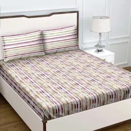 BELLA CASA Genteel Floral Olive Green & Purple 180 TC Cotton King Bedsheet with 2 Pillow Covers-image-50