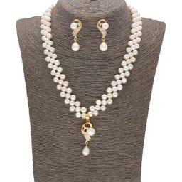 Sri Jagdamba Pearls Heart's Delight Pearl White & Golden Necklace and Earring Set-picture-46