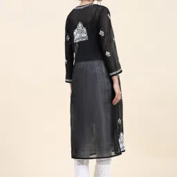 House Of Kari Samma Chikankari Long Kurta in Chanderi Silk for Women- Black image 4