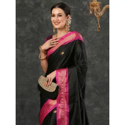 Satrani Black Silk Woven Saree With Unstitched Blouse image 4