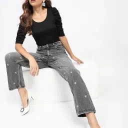 MADAME Grey Cotton Embellished Mid Rise Jeans image 4