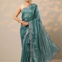 Libas Blue Embroidered Saree With Unstitched Blouse-picture-20