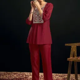 SELVIA Maroon Embroidered Co-Ord Set image 4