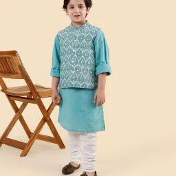 Fabindia Green Cotton Ikat Kurta Set image 4