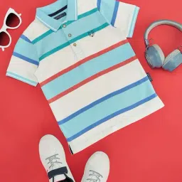 Pantaloons Junior Kids White & Blue Cotton Striped Polo T-Shirt-picture-32