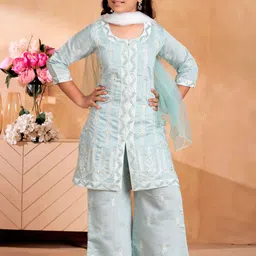 Aarika Girls Ethnic Motifs Embroidered Regular Pure Silk Kurta with Trousers & With Dupatta-picture-34
