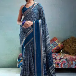 Satrani Blue Printed Saree With Unstitched Blouse-picture-12