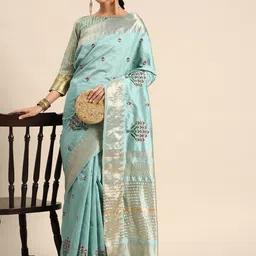 DIVASTRI Ethnic Motifs Zari Silk Cotton Banarasi Saree-picture-20