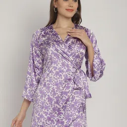 Blissence Floral Print Bell Sleeve Satin Dress-image-3