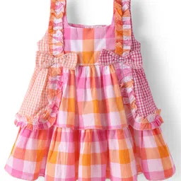 ToffyHouse Cotton Woven Sleeveless Checks Frock With Bow Applique - Pink-picture-19