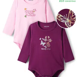 Babyoye 100% Cotton Knit with Eco Jiva Finish Full Sleeves Onesies with Floral & Butterfly Print Pack of 2 - Wine & Pink-picture-22
