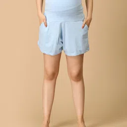 The Mom Store Cotton Lycra Knit Solid Maternity Shorts - Blue-picture-11