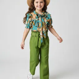 OLLINGTON ST. Rayon Floral Printed Half Sleeves Woven Top & Twill Pant Set with Belt - Multicolor & Green-image-4