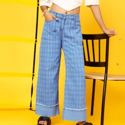 Tales & Stories Denim Woven Argyle Printed Flared Jeans-Blue-picture-17