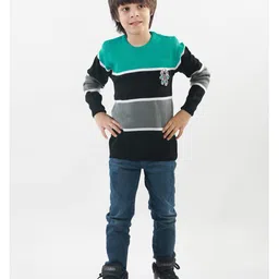 KNITCO Full Sleeves Colour Blocked Placement Astronaut Woven Designed Sweater - Green image 3