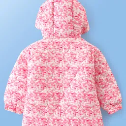 Babyoye Woven Full Sleeves Padded Hooded Jacket with Hearts Print & Bow Applique - Pink image 2