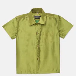 THANGAMAGAN Half Sleeves Solid Shirt & Dhoti Set - Pista Green image 3