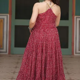 KALINI Bandhani Printed Georgette Halter Neck Fit & Flare Maxi Ethnic Dress image 4