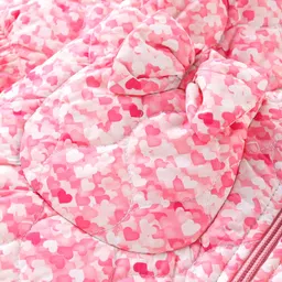 Babyoye Woven Full Sleeves Padded Hooded Jacket with Hearts Print & Bow Applique - Pink image 3