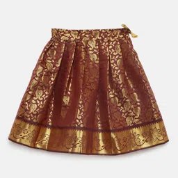 BABY Lakshmi Viscose Short Puffed Sleeves Ethnic Motif Foil Printed Pattu Pavadai Set - Mango Gold image 4