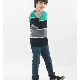 KNITCO Full Sleeves Colour Blocked Placement Astronaut Woven Designed Sweater - Green image 5