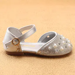 Babyoye Sandals with Backstrap Closure & Pearl Embellishments - Silver image 4