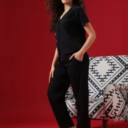 Clovia Black Cotton Shirt With Pyjamas image 4
