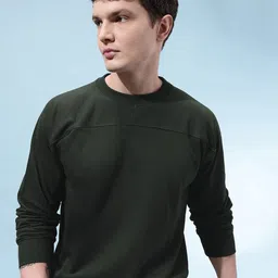 glitchez Solid Round Neck Relaxed Fit Pullover With Panelled Detail-image-11