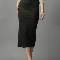 SHOWOFF Women's Straight Solid Pencil Olive Knee Length Skirt-image-5