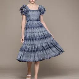 Label Ritu Kumar Blue Geometric Print A Line Maxi Dress image 4