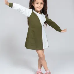 Be Awara Girls Green Cotton Relaxed Fit Color Block Dress-image-10