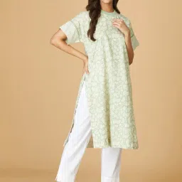 Fabindia Green Cotton Floral Print Straight Kurta image 4