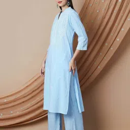 Melange by Lifestyle Blue Cotton Embroidered Straight Kurta image 4