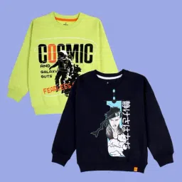 Kiddopanti Boys Neon Green and Navy Printed Sweatshirt - Pack of 2-image-98