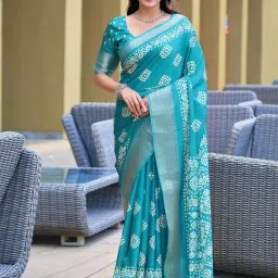 Satrani Turquoise Cotton Blend Printed Saree With Unstitched Blouse-picture-28