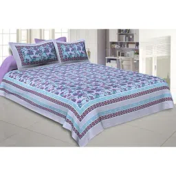 JaipurFabric Purple & Blue Pure Cotton 210 TC Floral Pattern Double Bedsheet with 2 Pillow Covers-image-1
