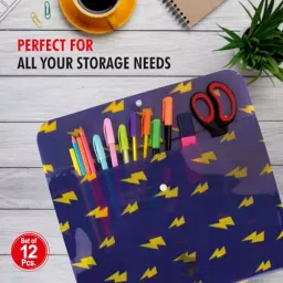POLEN Fullscape Folder File 18 Microns Poly Plastic Button Bag Thunder Pattern Design Assorted (Pack of 12) image 3
