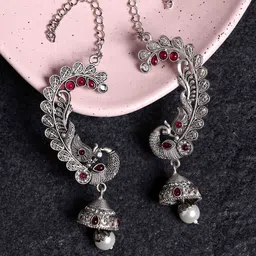 PANASH Silver Plated Kundan Studded Peacock Ear Cuffs Jhumka Earrings-picture-16